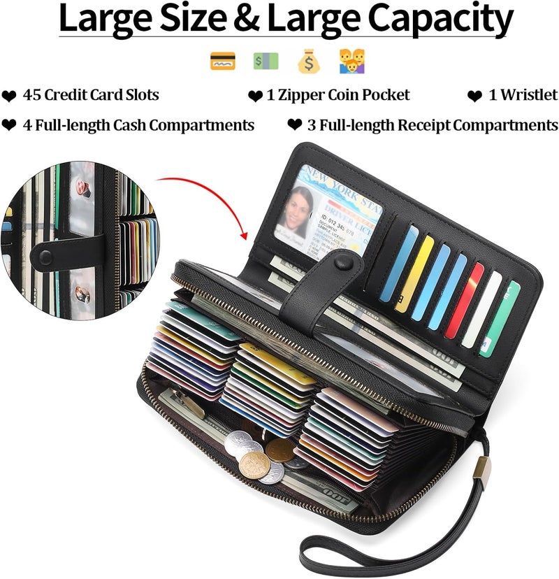GAEKEAO Leather Credit Card Holder Wallet for Women RFID Blocking Large Capacity Bifold Zipper Card Case Organizer with Wristlet 45 Slots - Image 2